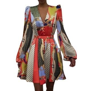 High quality ODM customized long puff sleeve plain dyed v neck elegant shiny satin A line women casual dresses