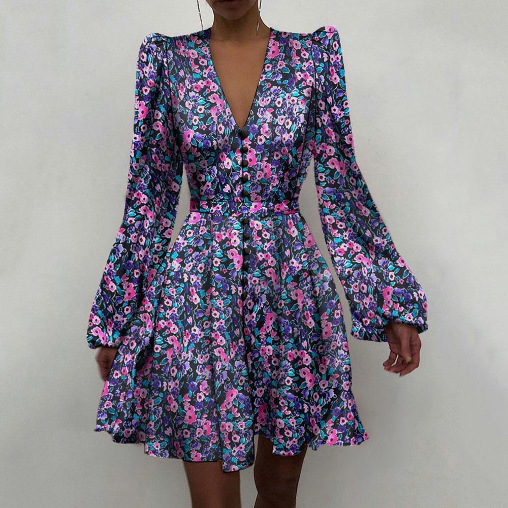 High quality ODM customized long puff sleeve plain dyed v neck elegant shiny satin A line women casual dresses