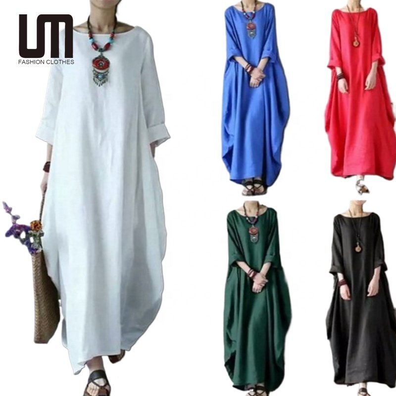 Liu Ming Vintage 2023 Spring Women Casual Cotton Linen Long Sleeve O Neck Plus Size Maxi Dress