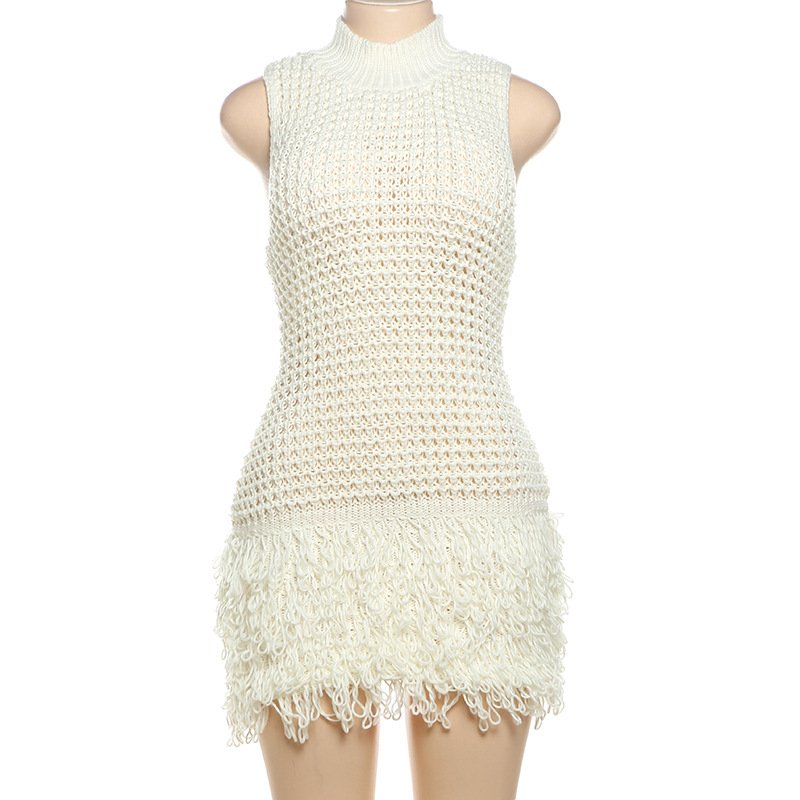 Casual Solid Sleeveless Bodycon Sweater Dresses Fall Winter Knitted Sexy Tassel Mini Women Dress