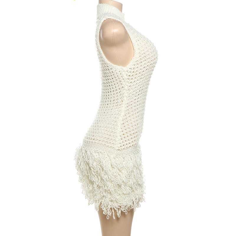 Casual Solid Sleeveless Bodycon Sweater Dresses Fall Winter Knitted Sexy Tassel Mini Women Dress