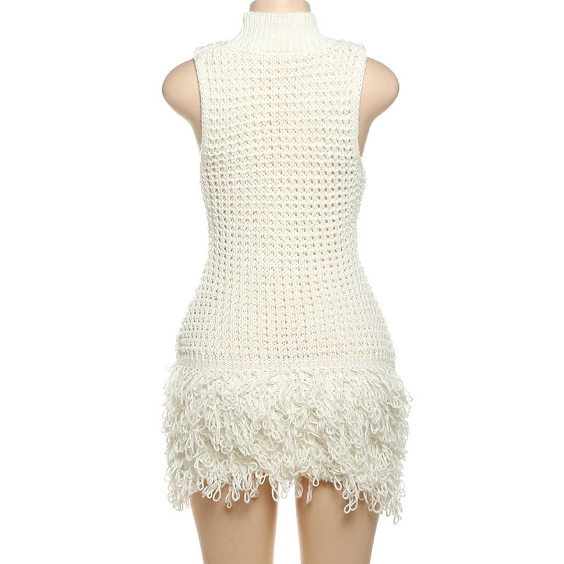 Casual Solid Sleeveless Bodycon Sweater Dresses Fall Winter Knitted Sexy Tassel Mini Women Dress