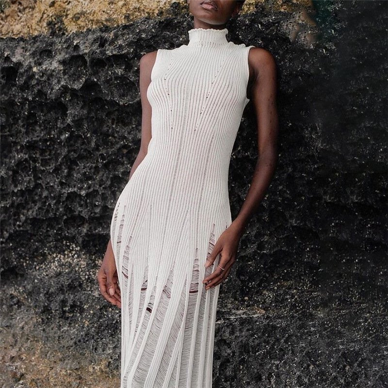 Trendy Turtle Neck Knitted Hollow Out Lady Sleeveless Elegant Slim Midi Casual Dress