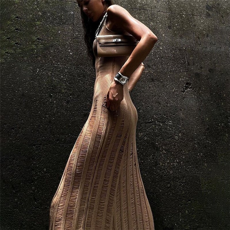 Trendy Turtle Neck Knitted Hollow Out Lady Sleeveless Elegant Slim Midi Casual Dress