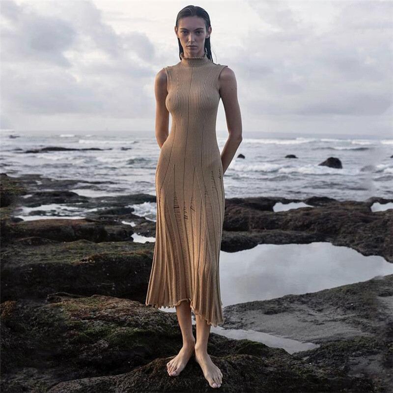 Trendy Turtle Neck Knitted Hollow Out Lady Sleeveless Elegant Slim Midi Casual Dress