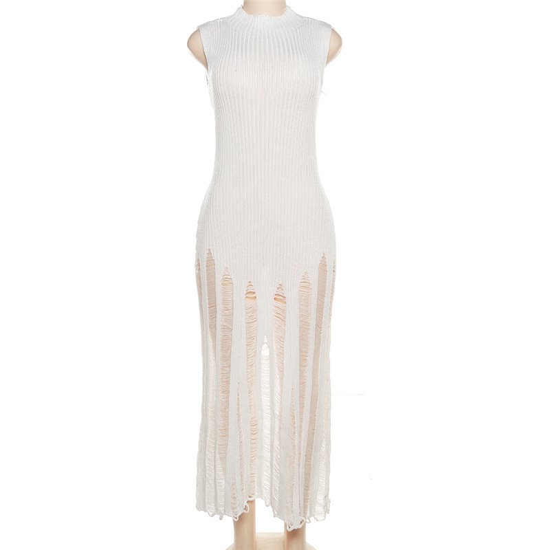 Trendy Turtle Neck Knitted Hollow Out Lady Sleeveless Elegant Slim Midi Casual Dress