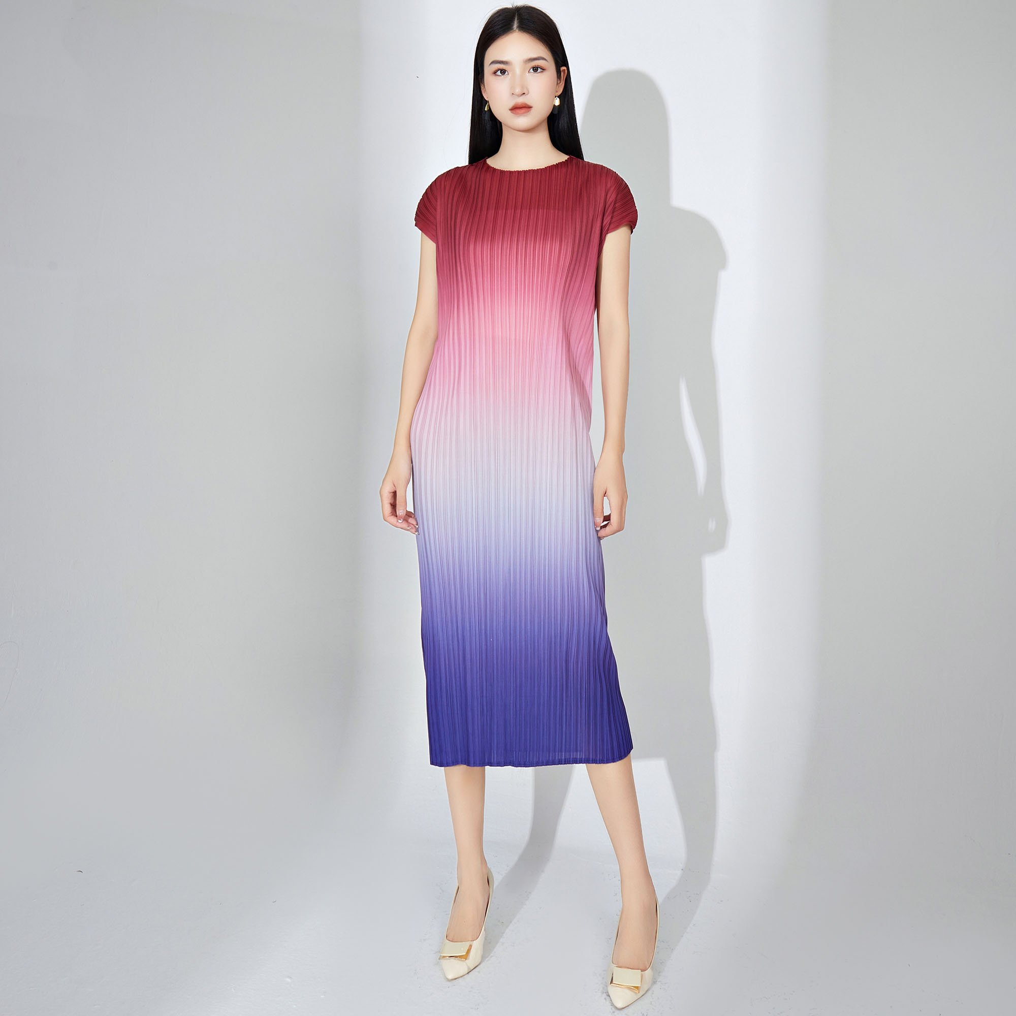 Miyake Ladies Summer Casual Dress Ombre Print Pleated Midi Dress Long Sleeves Eco-Friendly Heat Friendly Belted Waist Sashes