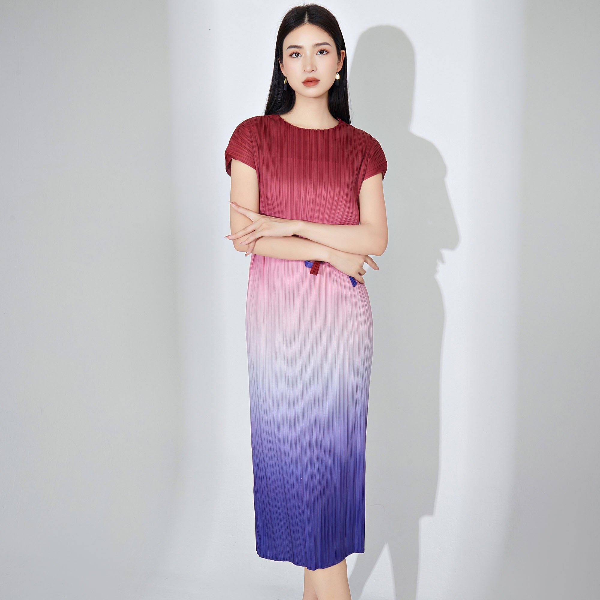 Miyake Ladies Summer Casual Dress Ombre Print Pleated Midi Dress Long Sleeves Eco-Friendly Heat Friendly Belted Waist Sashes