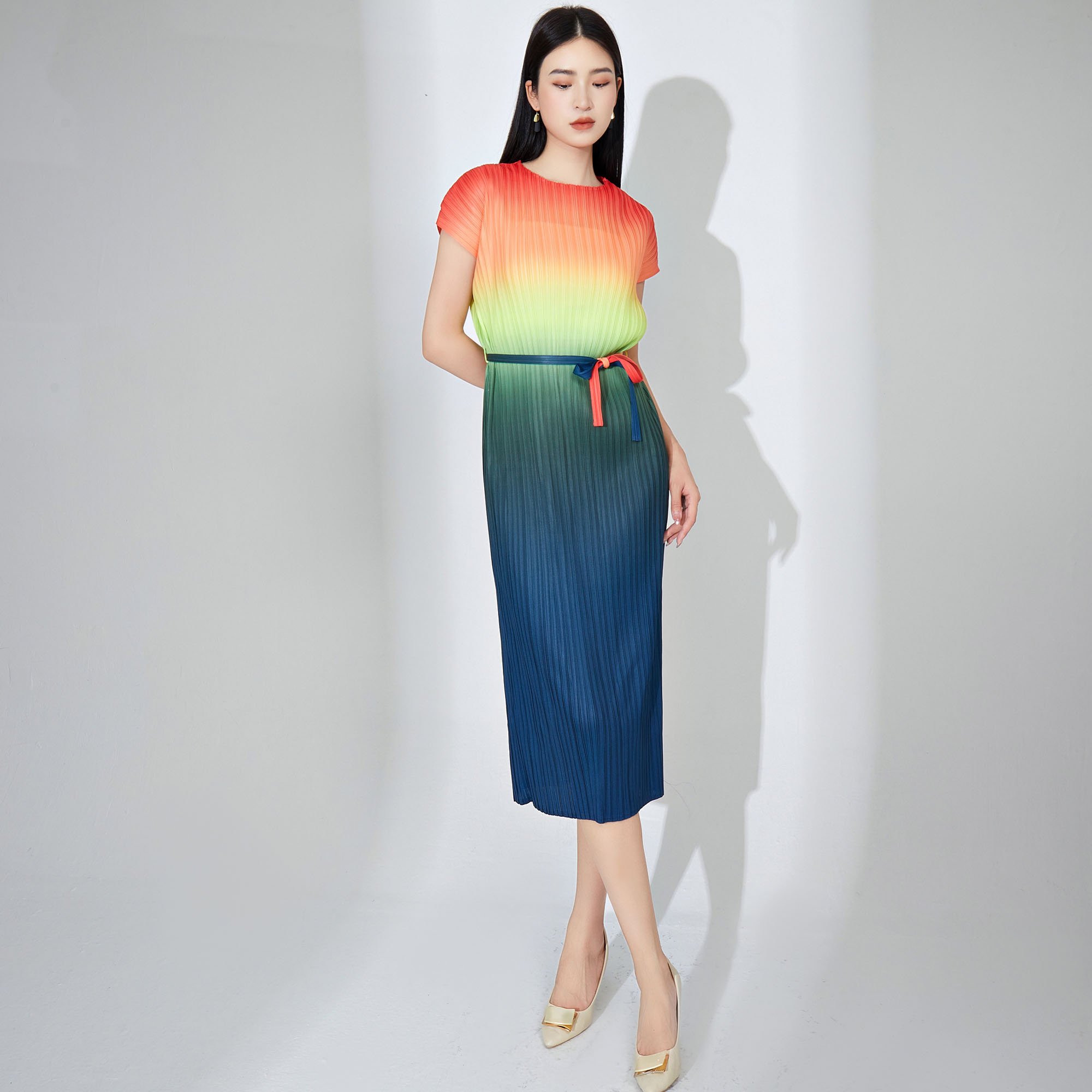 Miyake Ladies Summer Casual Dress Ombre Print Pleated Midi Dress Long Sleeves Eco-Friendly Heat Friendly Belted Waist Sashes