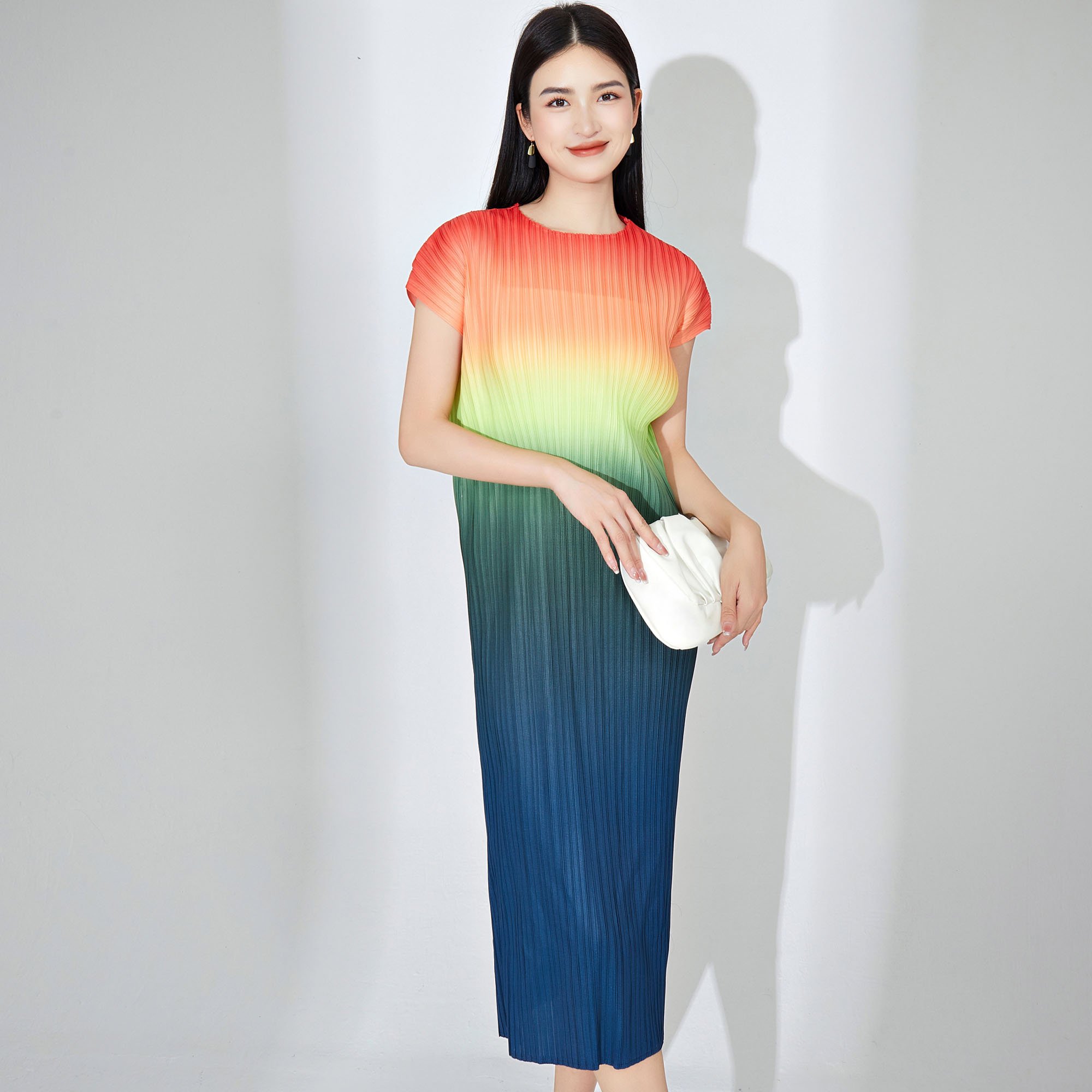 Miyake Ladies Summer Casual Dress Ombre Print Pleated Midi Dress Long Sleeves Eco-Friendly Heat Friendly Belted Waist Sashes