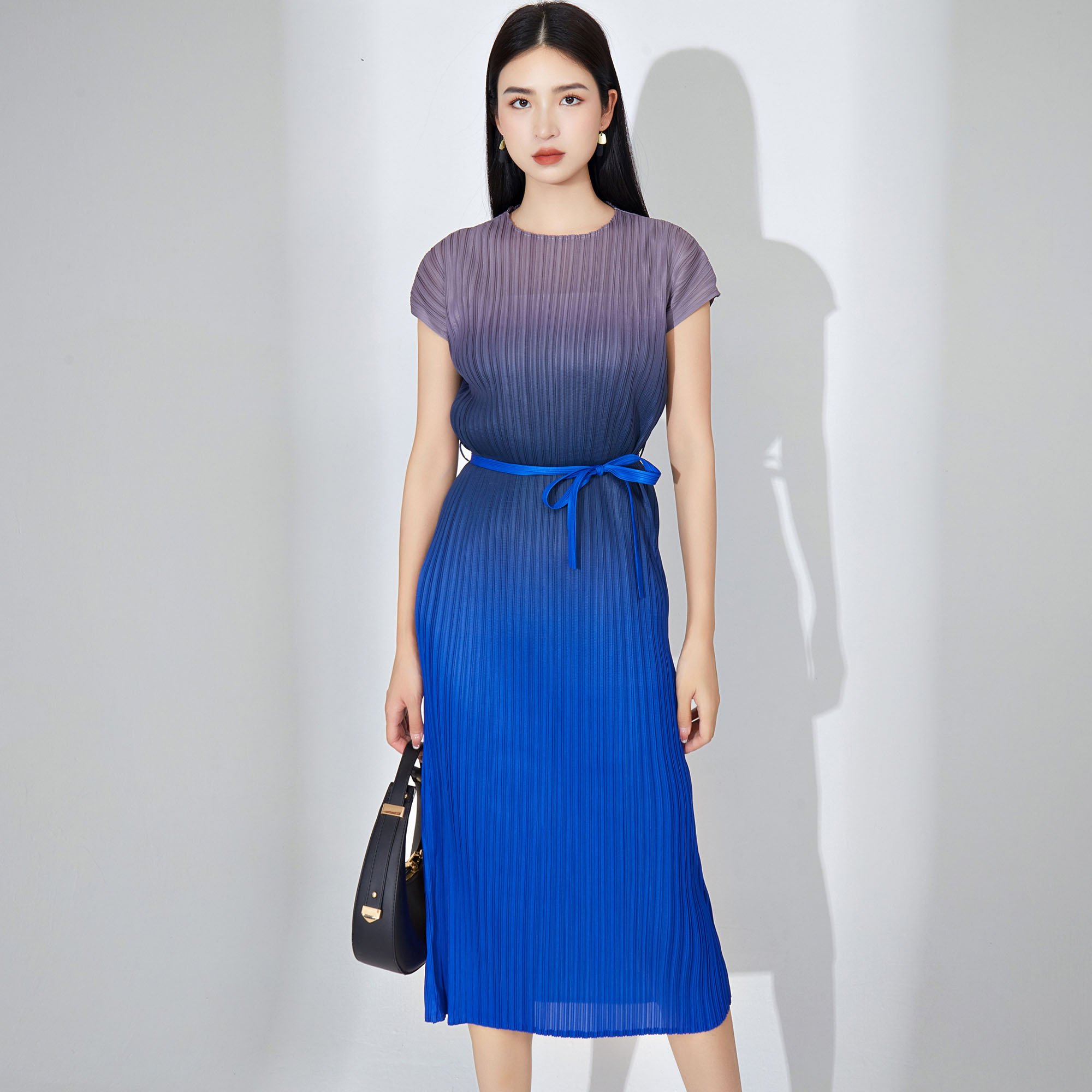 Miyake Ladies Summer Casual Dress Ombre Print Pleated Midi Dress Long Sleeves Eco-Friendly Heat Friendly Belted Waist Sashes
