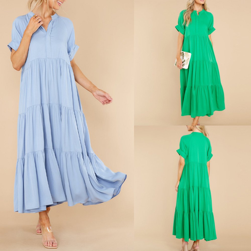 Spring Short Sleeve Sheer O-Neck Dress sweet Holiday Loose Wrinkle gorgeous Casual Dress
