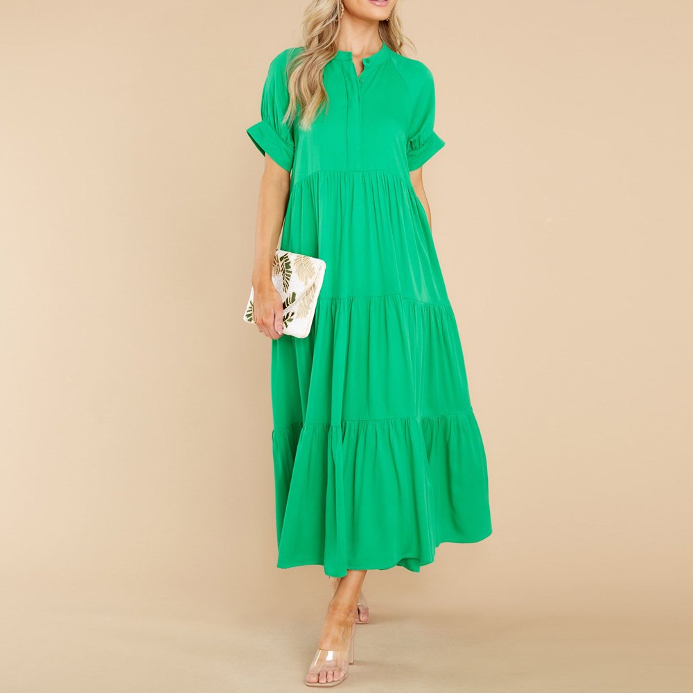 Spring Short Sleeve Sheer O-Neck Dress sweet Holiday Loose Wrinkle gorgeous Casual Dress