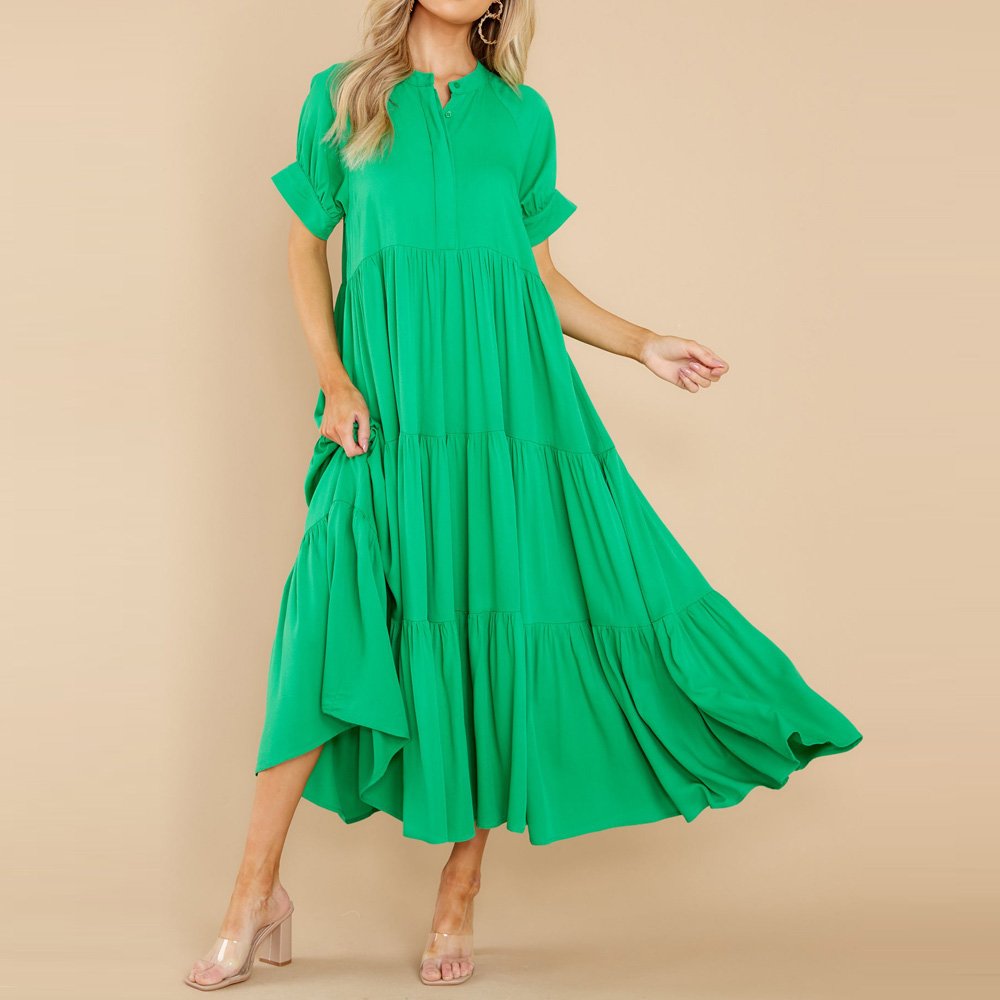 Spring Short Sleeve Sheer O-Neck Dress sweet Holiday Loose Wrinkle gorgeous Casual Dress