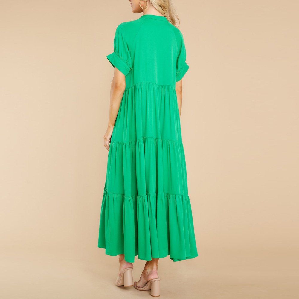 Spring Short Sleeve Sheer O-Neck Dress sweet Holiday Loose Wrinkle gorgeous Casual Dress
