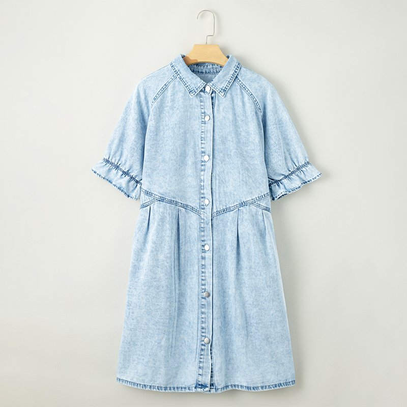 Dear-Lover Custom Logo Ladies Women Mineral Wash Ruffled Short Sleeve Buttoned Denim Casual Dress