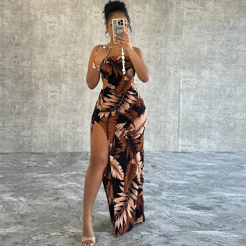 2024 Casual Strapless Dress V-neck Sleeveless Sexy Slim Floral Dress Lady Summer Printed Long Bodycon Dress for Vacation