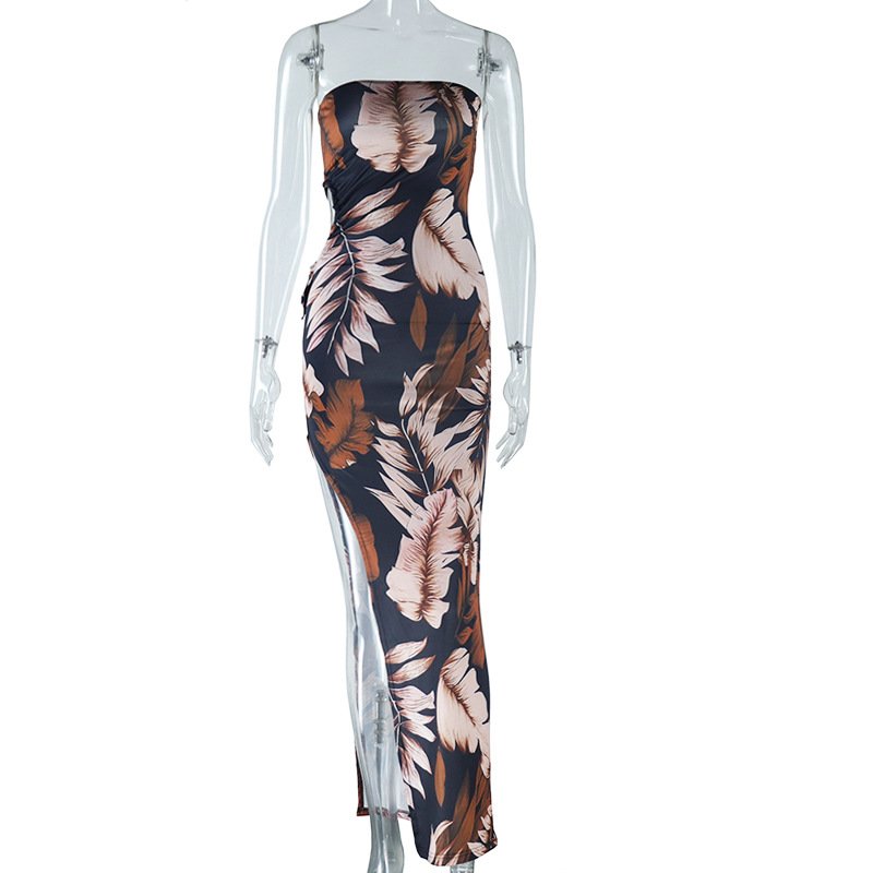 2024 Casual Strapless Dress V-neck Sleeveless Sexy Slim Floral Dress Lady Summer Printed Long Bodycon Dress for Vacation