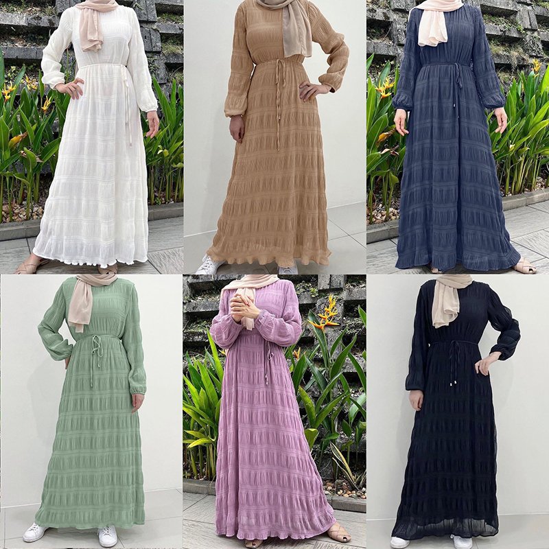 Middle East Malaysia muslim women dress casual solid color chiffon wrinkle long dress muslim dress for women