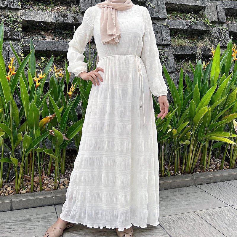 Middle East Malaysia muslim women dress casual solid color chiffon wrinkle long dress muslim dress for women