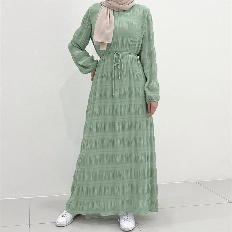 Middle East Malaysia muslim women dress casual solid color chiffon wrinkle long dress muslim dress for women
