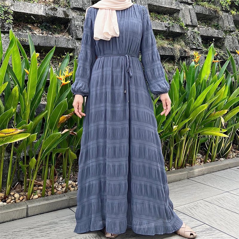 Middle East Malaysia muslim women dress casual solid color chiffon wrinkle long dress muslim dress for women