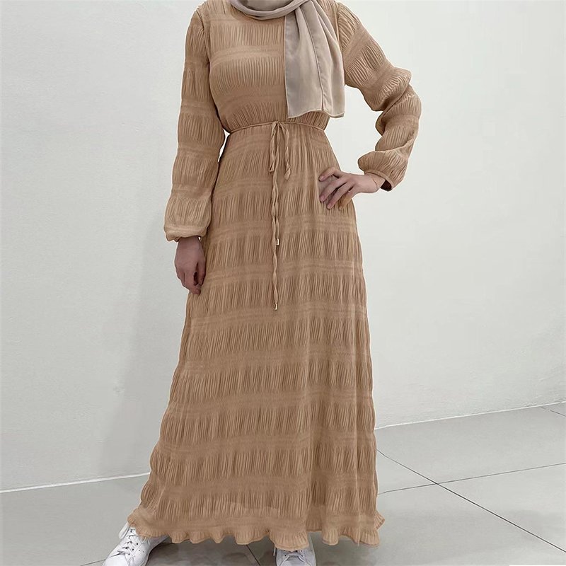 Middle East Malaysia muslim women dress casual solid color chiffon wrinkle long dress muslim dress for women