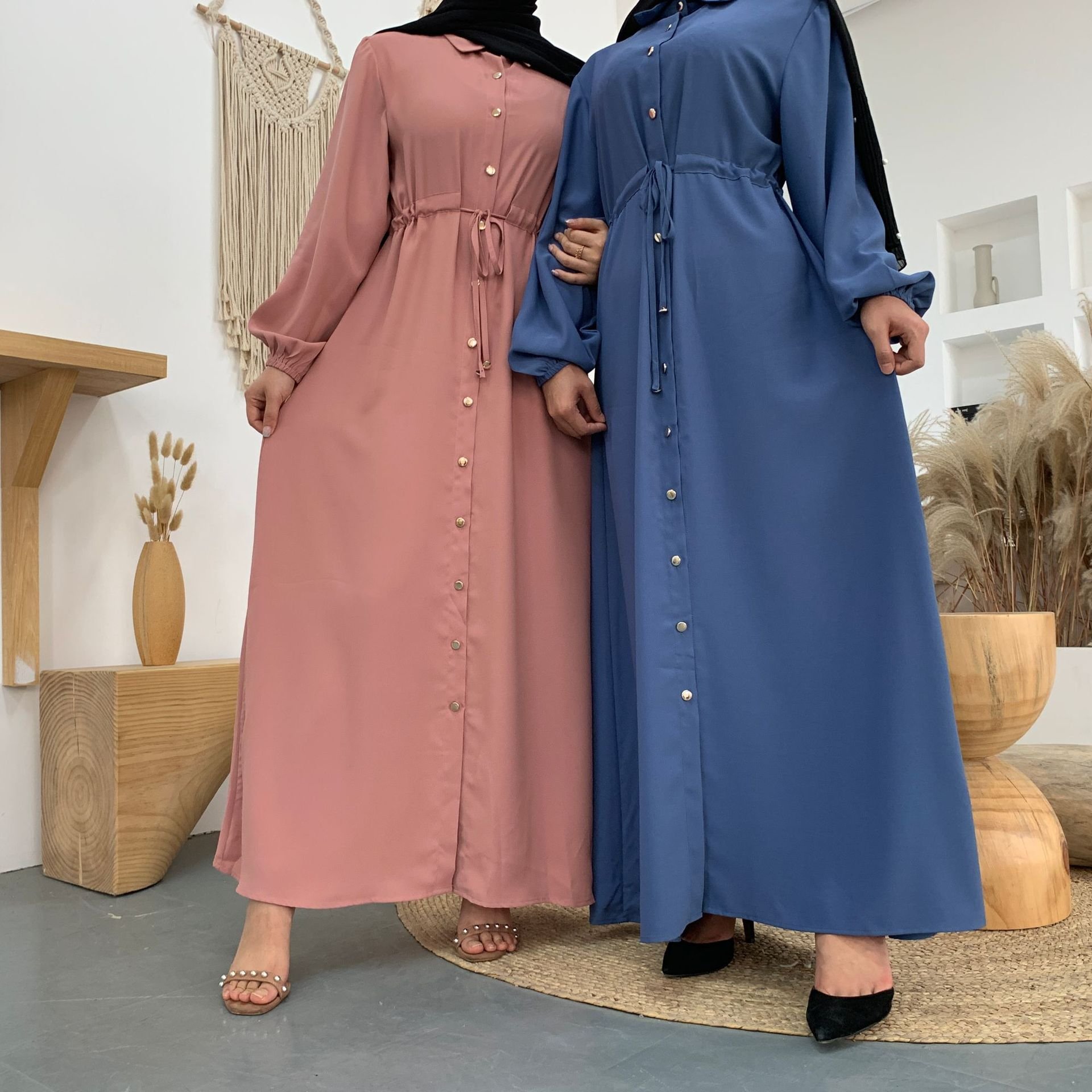 New Muslim lapel collar solid color maxi dress Women's Dubai Abaya Turkey Muslim Fashion Long Dress Islam Clothing Women Robe