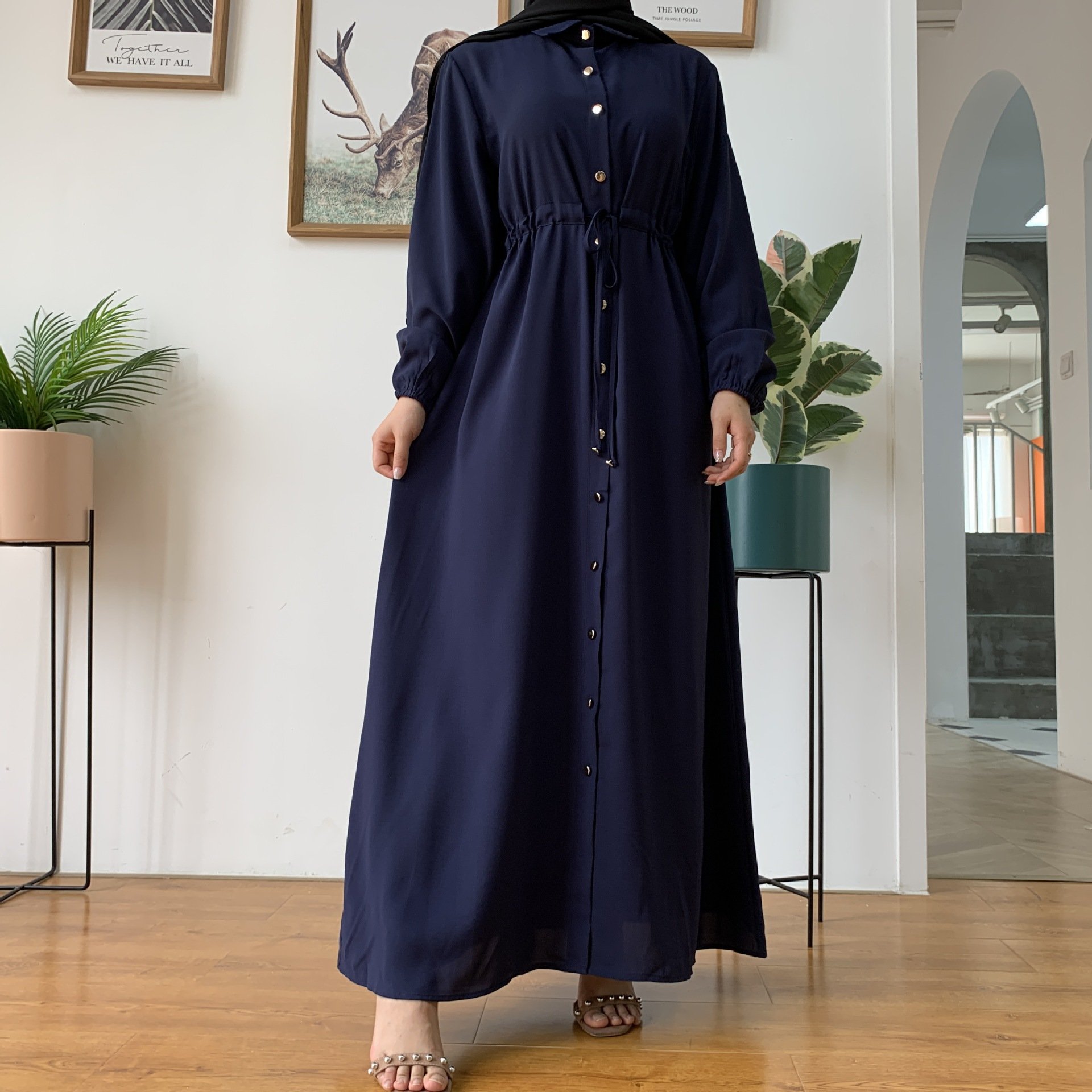 New Muslim lapel collar solid color maxi dress Women's Dubai Abaya Turkey Muslim Fashion Long Dress Islam Clothing Women Robe