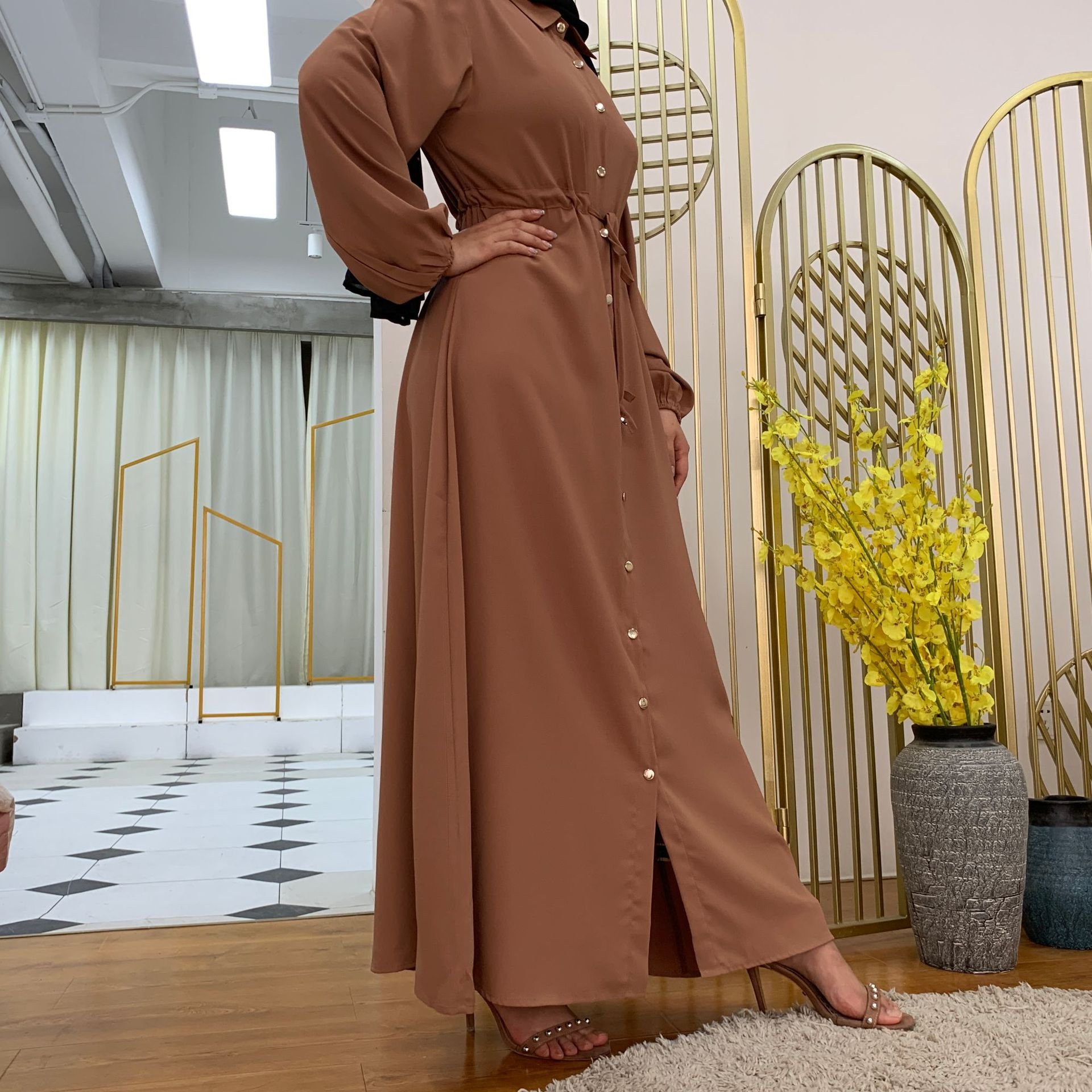 New Muslim lapel collar solid color maxi dress Women's Dubai Abaya Turkey Muslim Fashion Long Dress Islam Clothing Women Robe