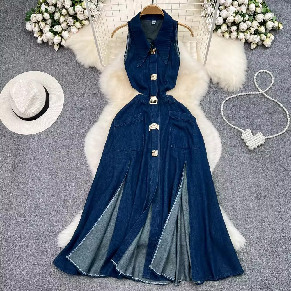 Vintage lapel cutout waist slimmer sleeveless A-line split denim casual dress