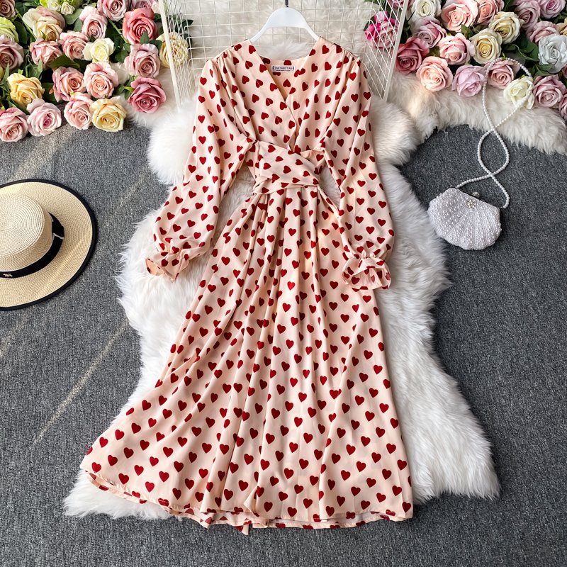 Spring Casual V Neck Heart Allover Print Bandage Hem Midi Dress For Women