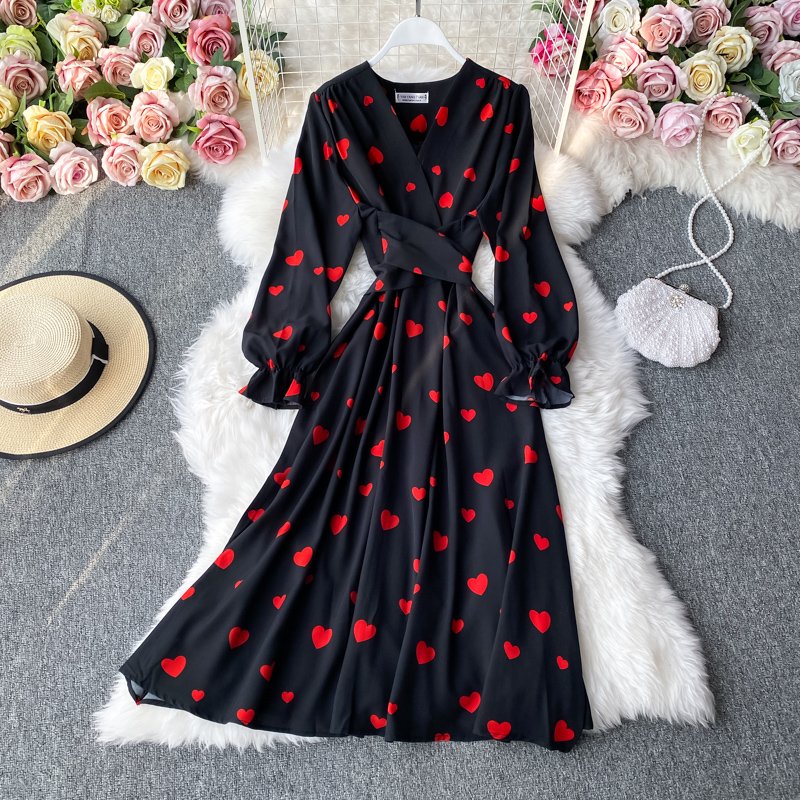 Spring Casual V Neck Heart Allover Print Bandage Hem Midi Dress For Women