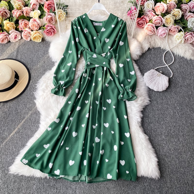 Spring Casual V Neck Heart Allover Print Bandage Hem Midi Dress For Women