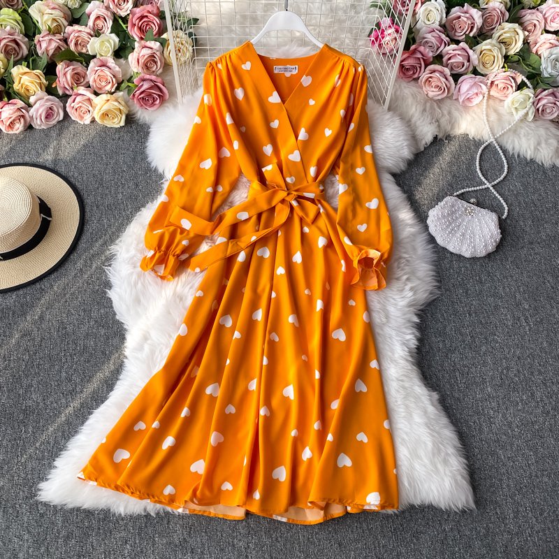 Spring Casual V Neck Heart Allover Print Bandage Hem Midi Dress For Women
