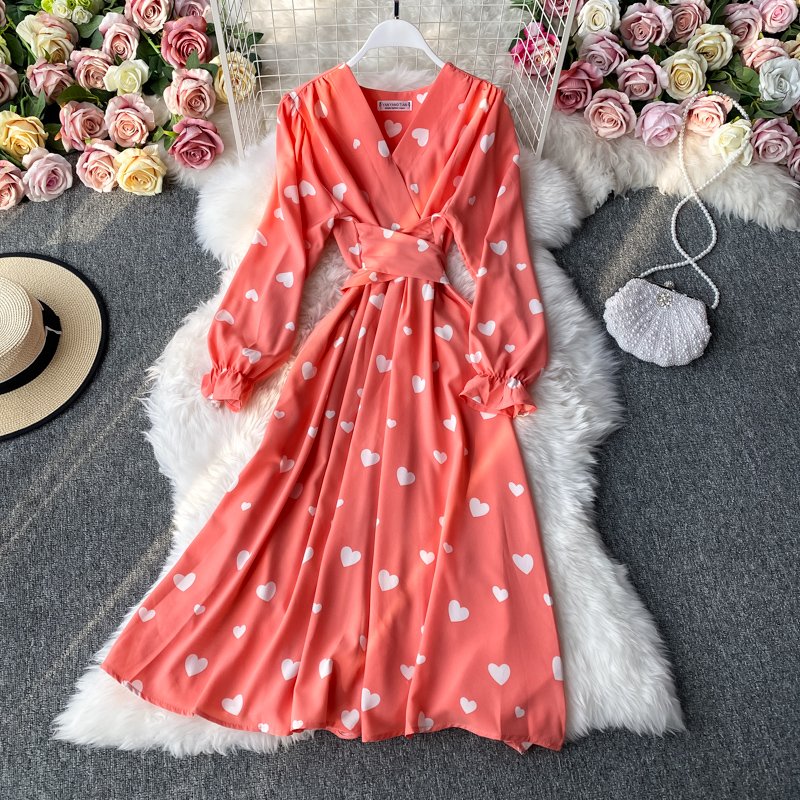 Spring Casual V Neck Heart Allover Print Bandage Hem Midi Dress For Women