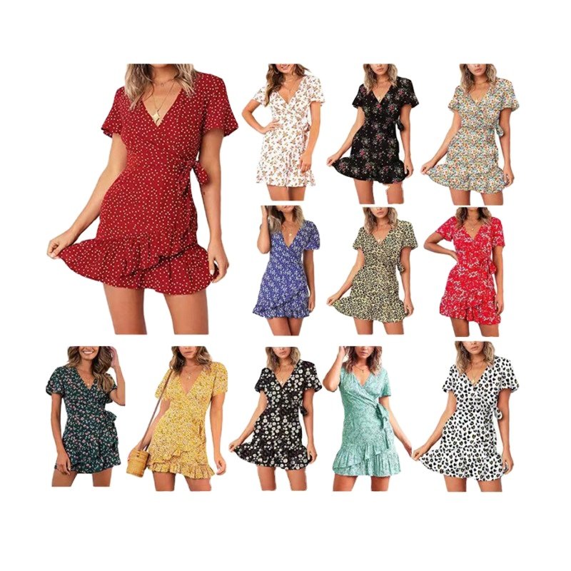 wholesale Women's Summer Ruffle Hem Short Sleeve Mini Dress Chiffon Floral Print Casual Dress