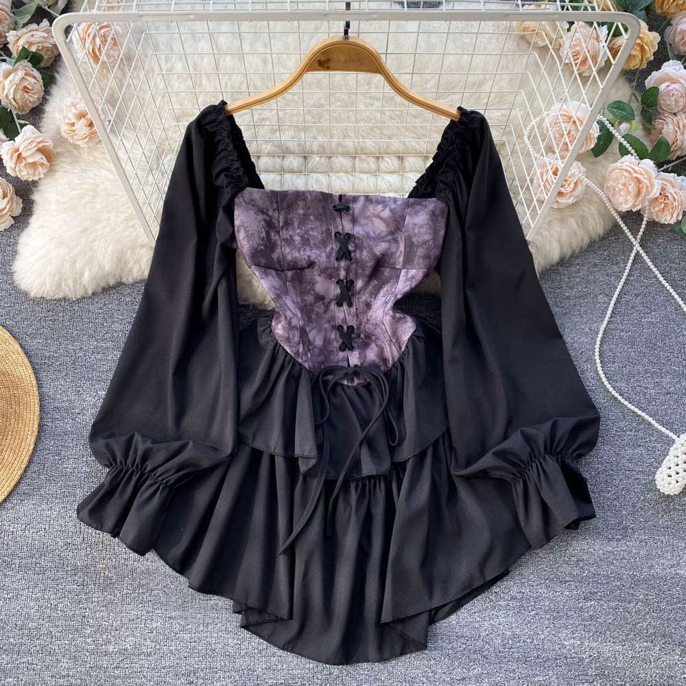 Spring 2024 New Square Neck Retro Off Shoulder Tie Dyed Ruffle Edge Mid length Fluffy Dress