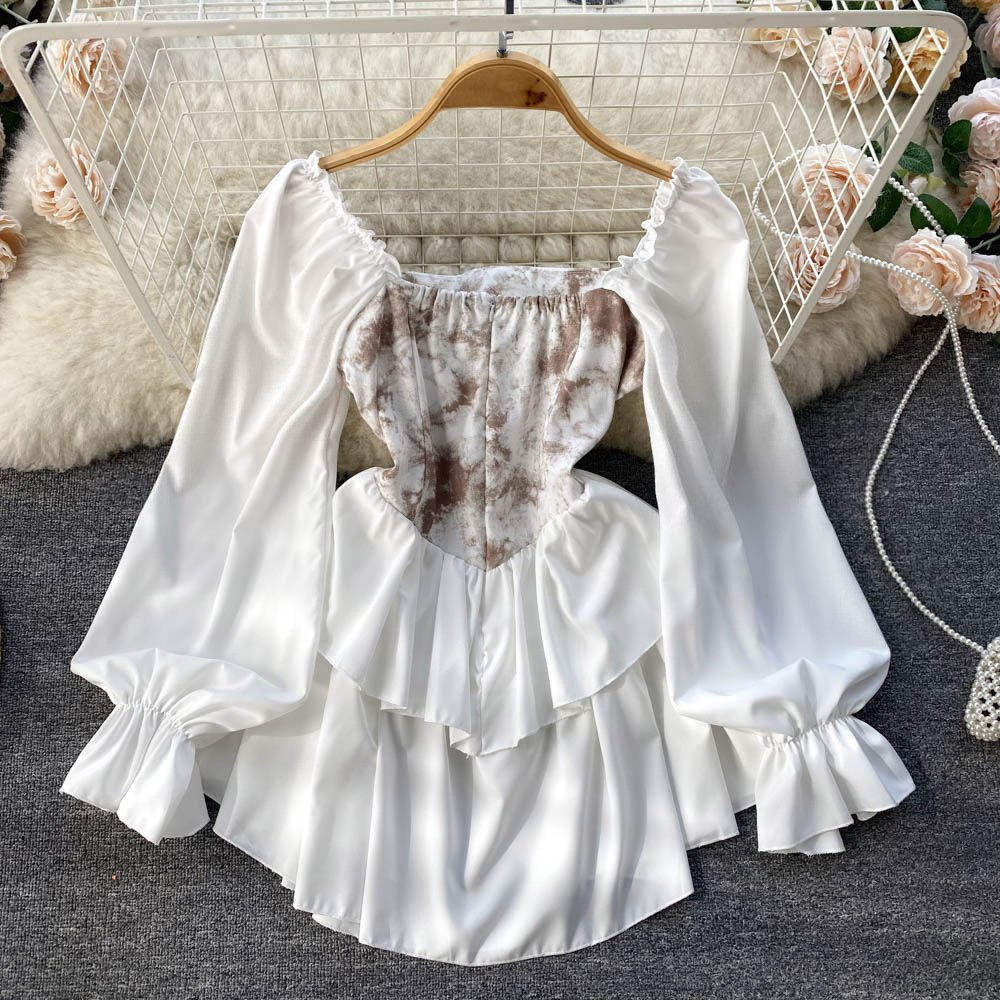 Spring 2024 New Square Neck Retro Off Shoulder Tie Dyed Ruffle Edge Mid length Fluffy Dress
