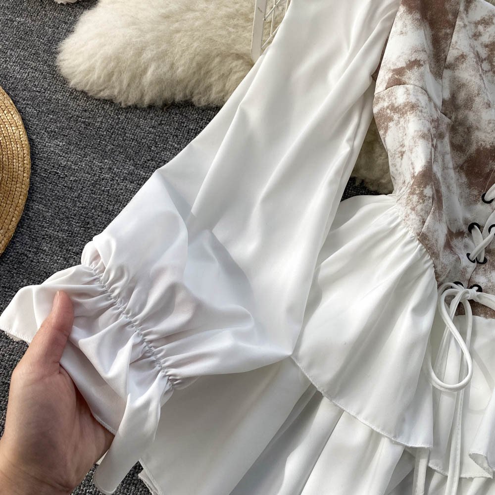 Spring 2024 New Square Neck Retro Off Shoulder Tie Dyed Ruffle Edge Mid length Fluffy Dress