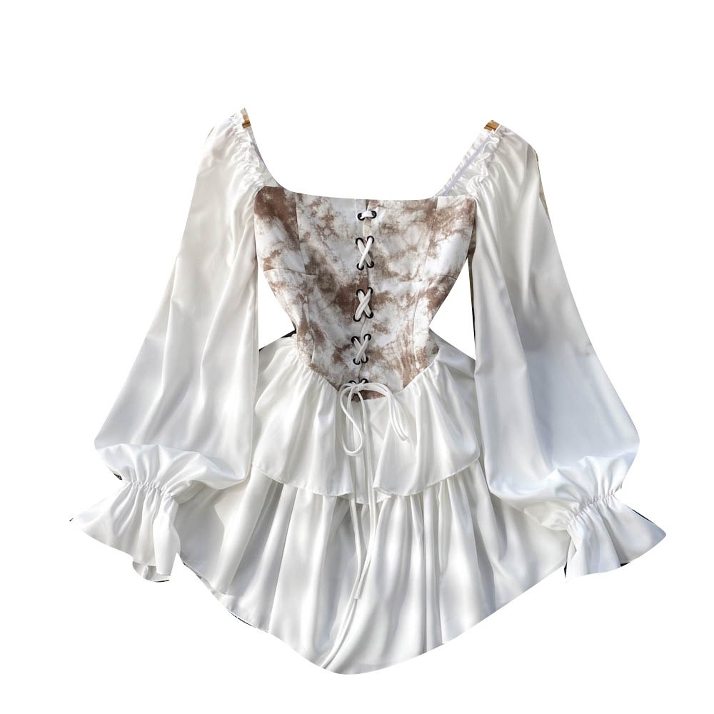Spring 2024 New Square Neck Retro Off Shoulder Tie Dyed Ruffle Edge Mid length Fluffy Dress