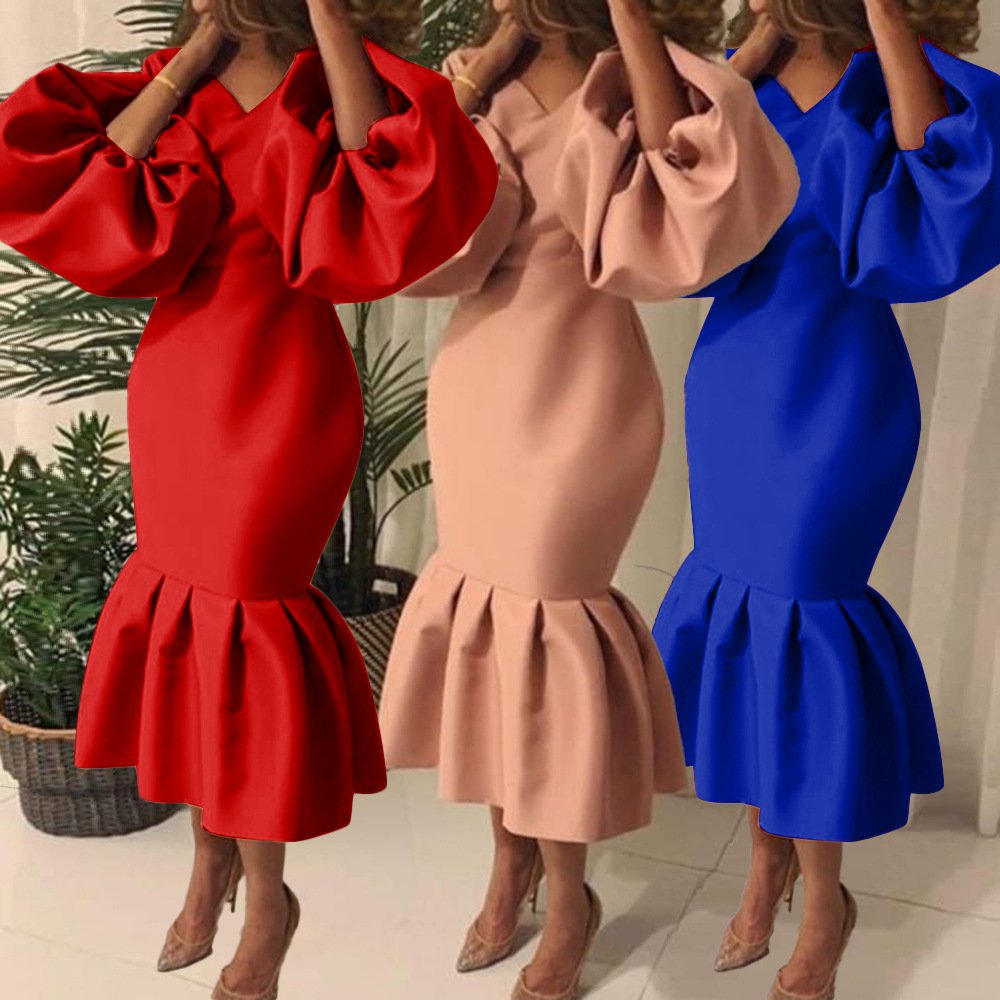 S2185F 2022 summer new high-quality solid color V-neck bubble long-sleeved fishtail plus size women's casual dresses