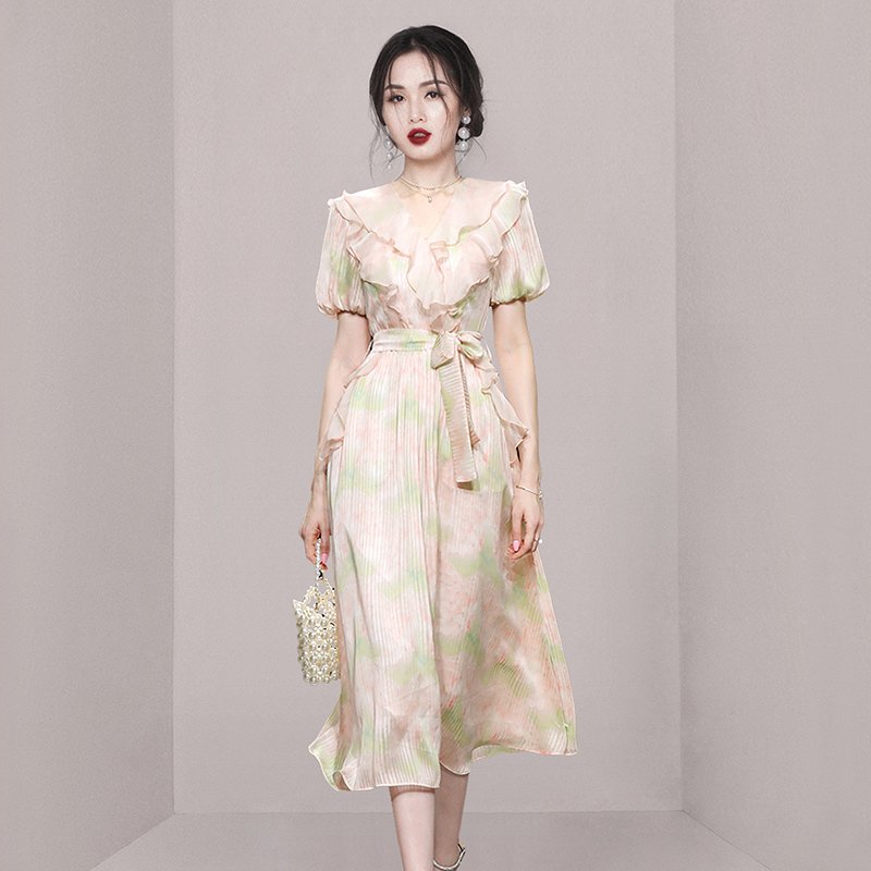 Droma wholesale V-neck peplum lantern sleeve waist slimming printed floral casual dresses korean summer dress for women