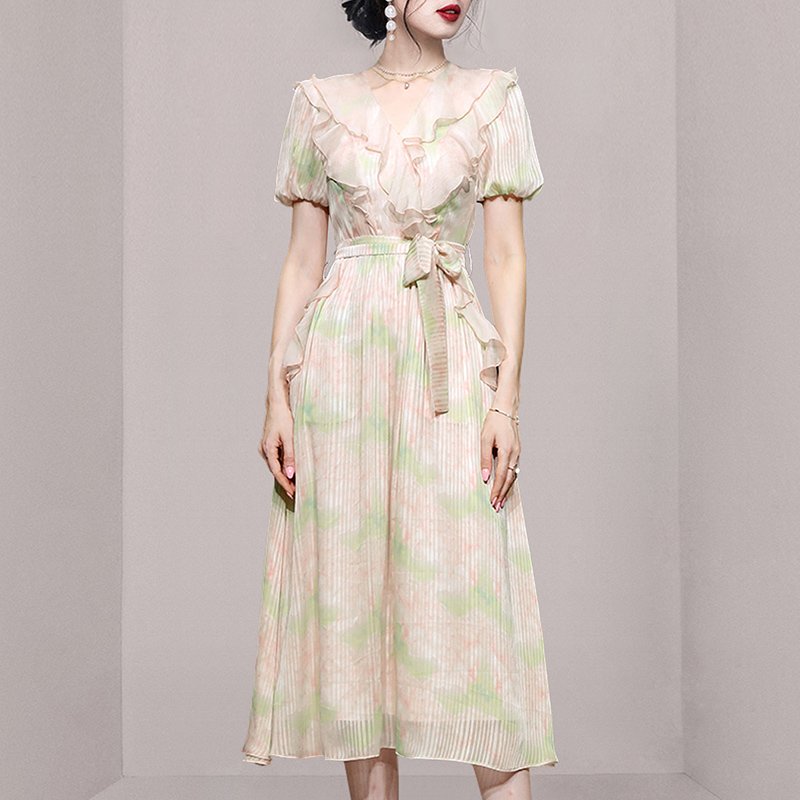 Droma wholesale V-neck peplum lantern sleeve waist slimming printed floral casual dresses korean summer dress for women