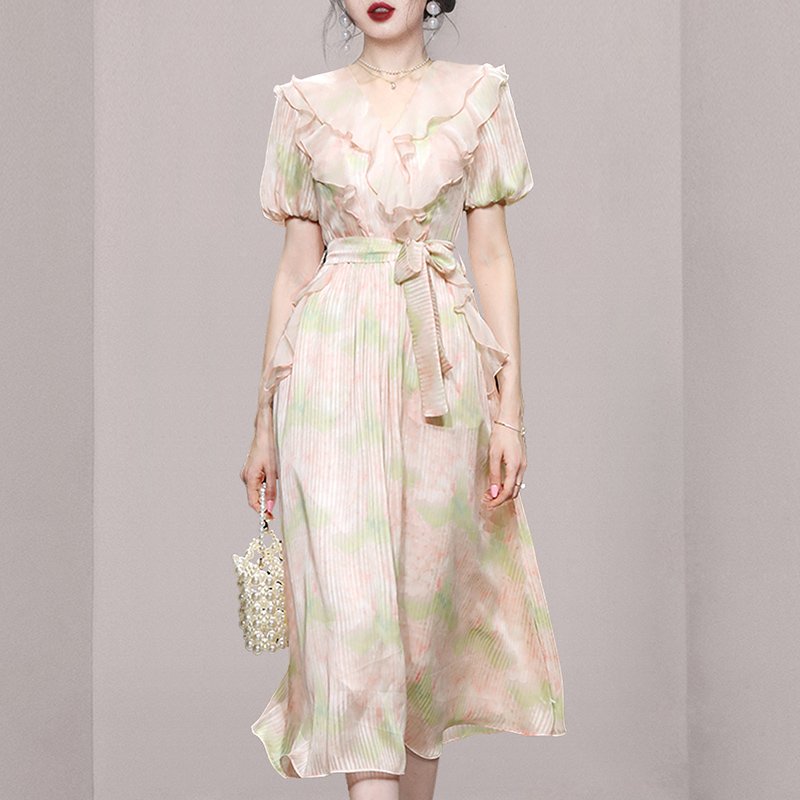 Droma wholesale V-neck peplum lantern sleeve waist slimming printed floral casual dresses korean summer dress for women