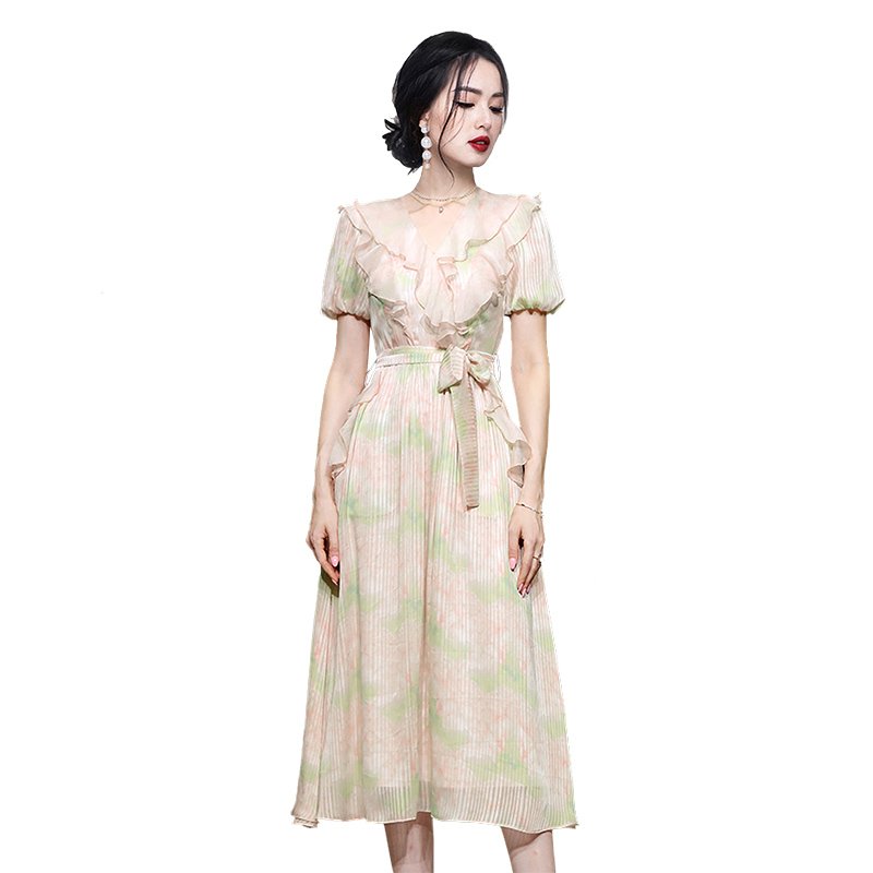 Droma wholesale V-neck peplum lantern sleeve waist slimming printed floral casual dresses korean summer dress for women