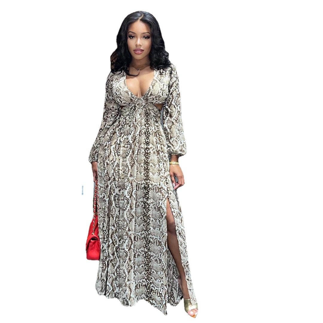 Fall clothes Hot Selling casual dresses Snake Print V neck Front Sleeve Knitted womens dresses Fashionable Sexy dresses
