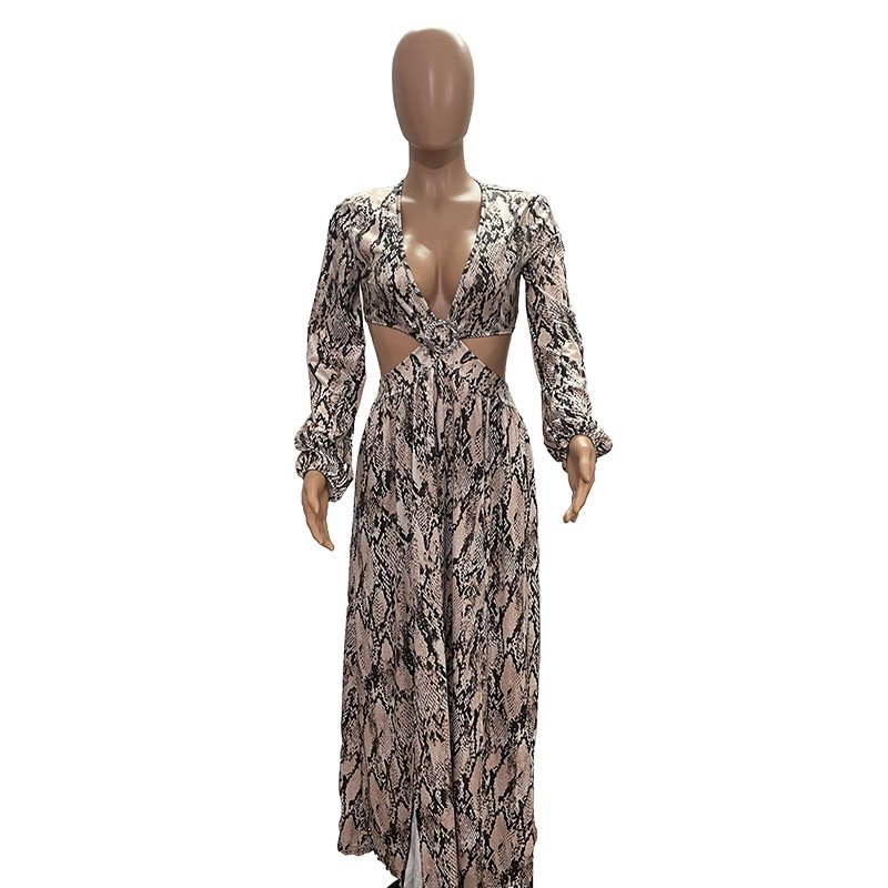 Fall clothes Hot Selling casual dresses Snake Print V neck Front Sleeve Knitted womens dresses Fashionable Sexy dresses