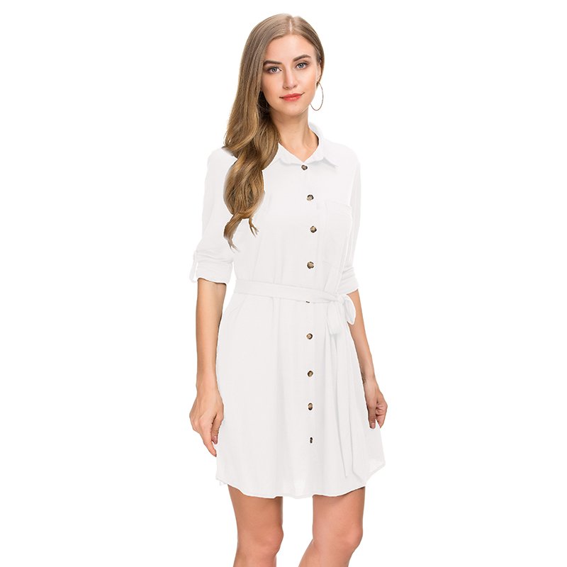 Summer office ladies clothes daily casual long roll up sleeve polo T shirt type full button dress Summer Hot Sale New Style