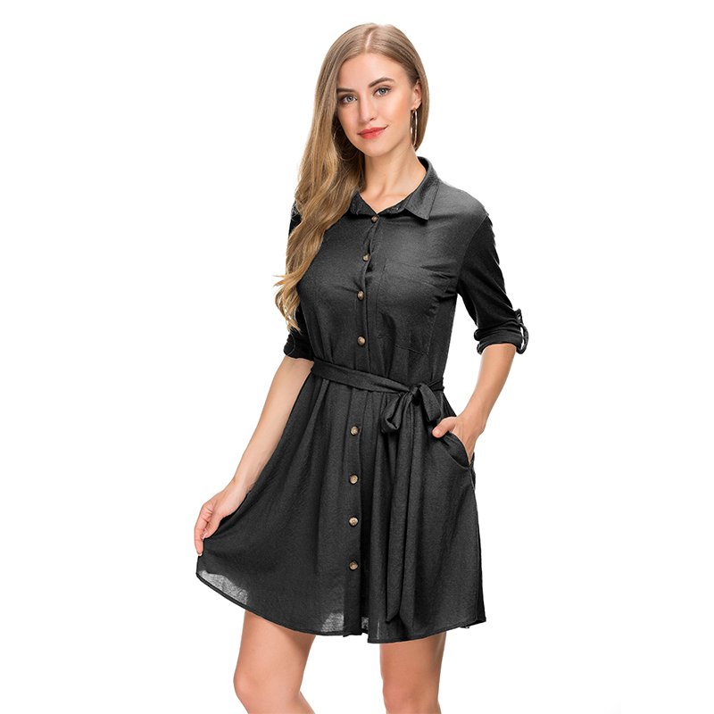 Summer office ladies clothes daily casual long roll up sleeve polo T shirt type full button dress Summer Hot Sale New Style